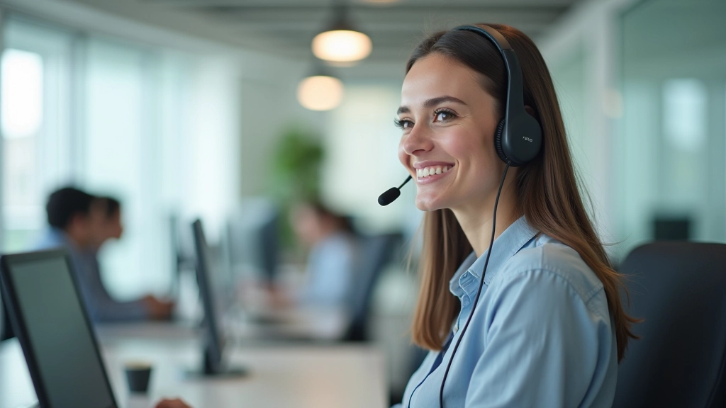 Profissional em ambiente de atendimento ao cliente, usando headset, num escritório moderno e bem iluminado