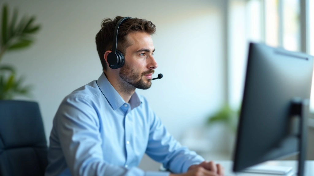 Homem em ambiente de atendimento ao cliente, concentrado durante ligação, profissionalismo corporativo