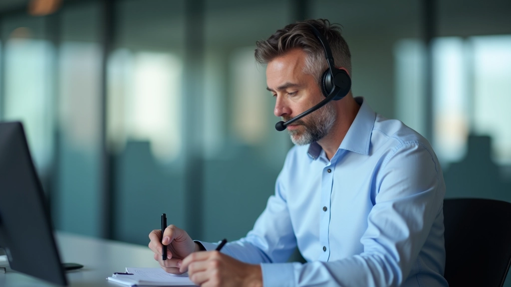 Homem em telemarketing escrevendo notas durante chamada, focado e concentrado