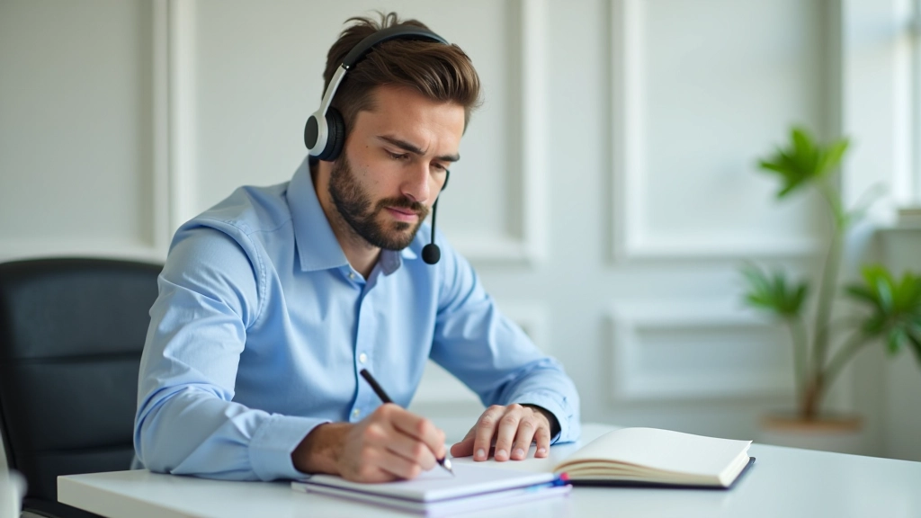 Homem em auricular atendendo chamada telefónica, anotando informações com caneta