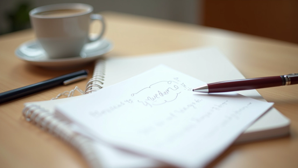 Caderno com notas de comunicação, caneta, xícara de café numa mesa de madeira clara