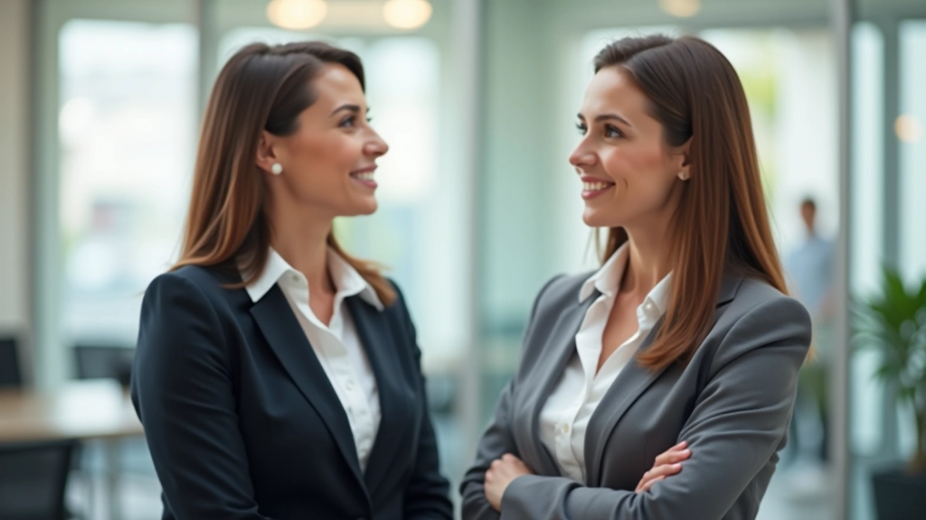 Duas profissionais em conversação construtiva, gestos abertos, ambiente corporativo