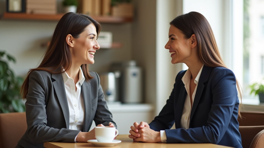 Duas mulheres conversando num café, ambiente descontraído com xícara de café na mesa