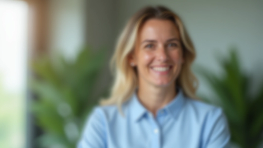 Profissional de atendimento ao cliente num escritório moderno, sorriso genuíno, ambiente acolhedor com plantas