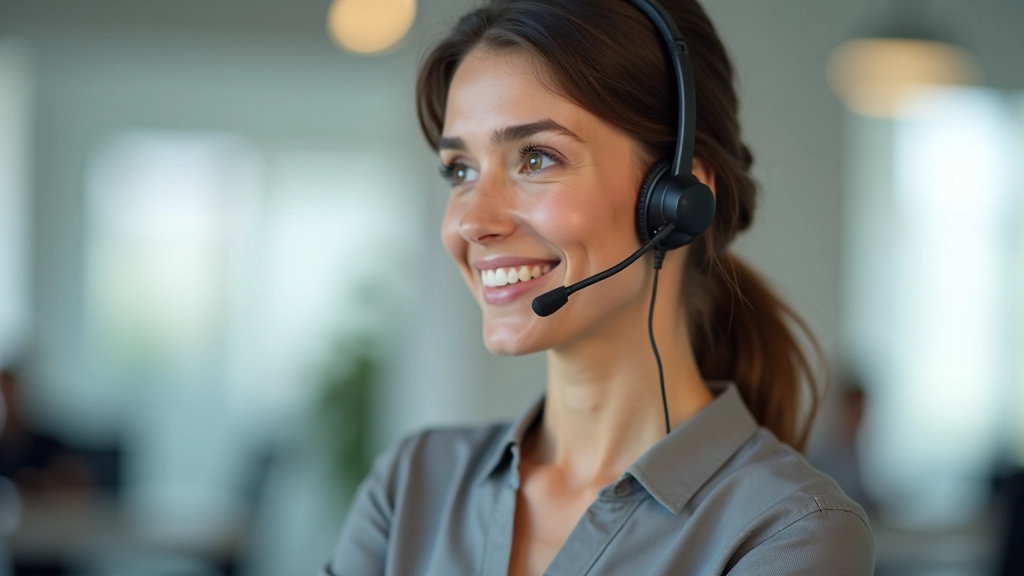 Mulher em auricular com expressão empática, escutando cliente, luz natural de escritório