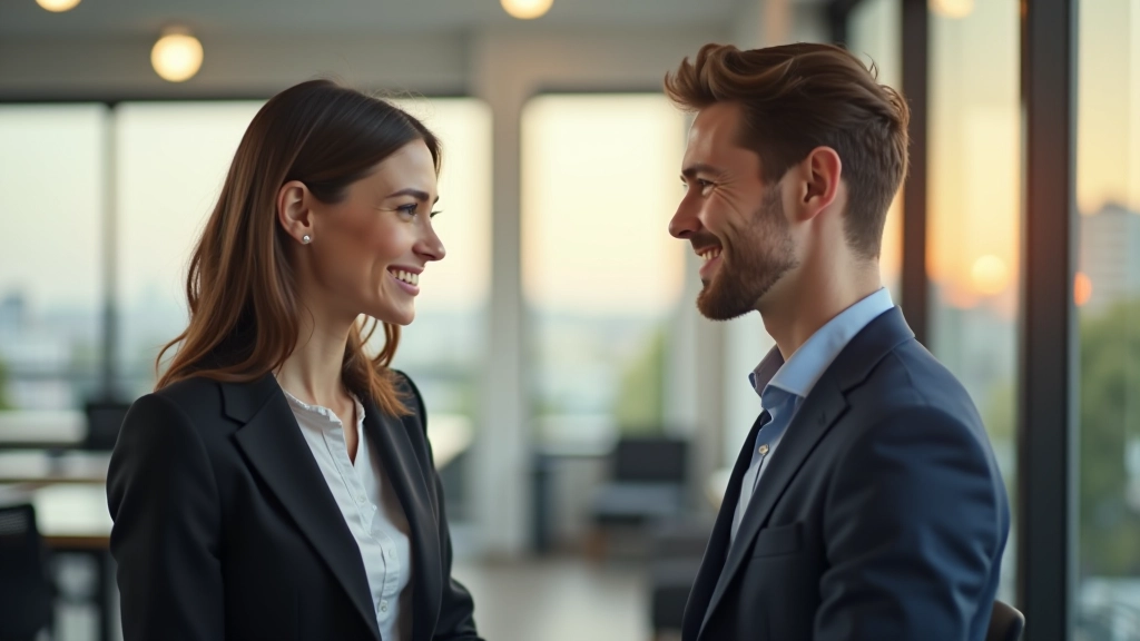 Dois profissionais em conversa amigável num ambiente corporativo, sorriso genuíno, ambiente claro e acolhedor