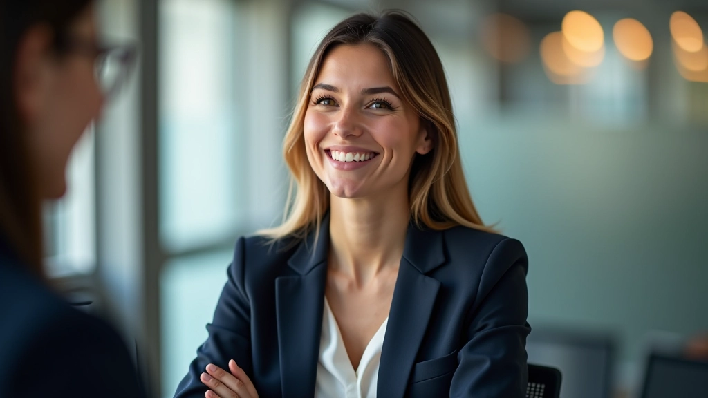 Mulher profissional em reunião, sorrindo enquanto fala com cliente em ambiente corporativo